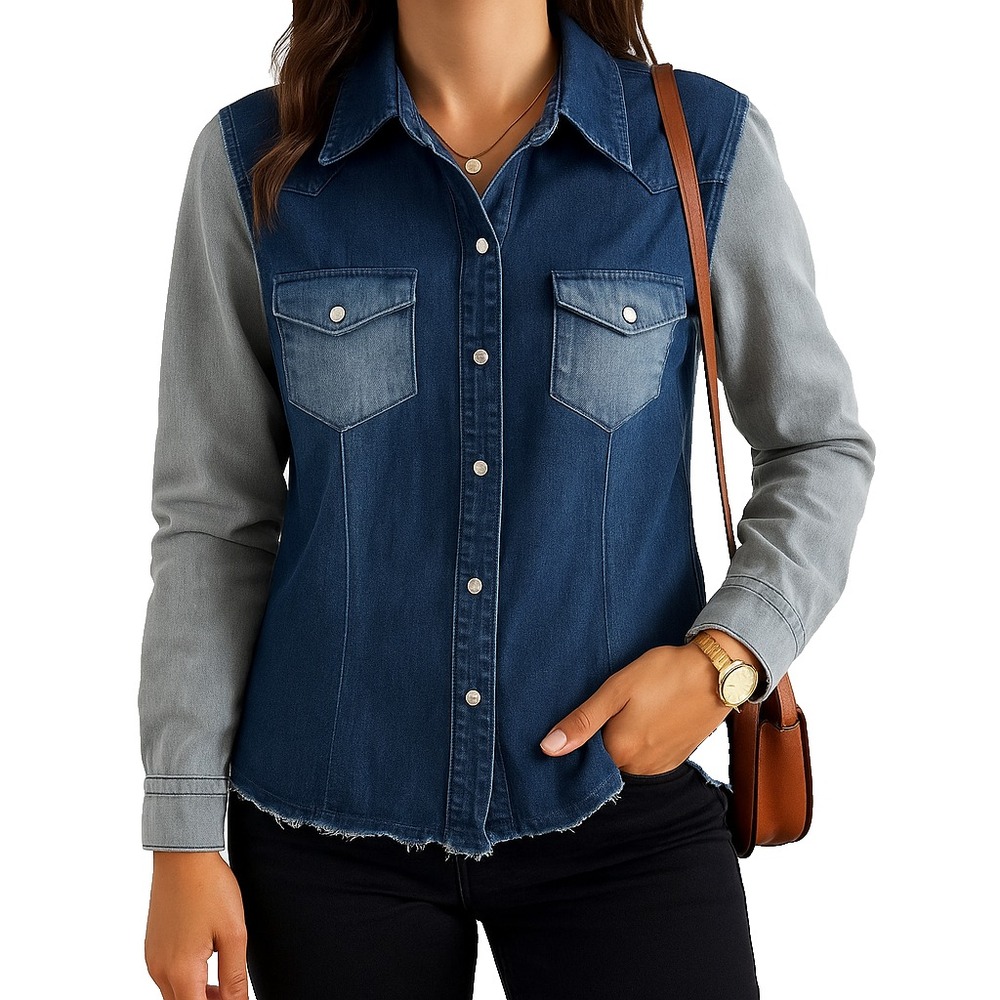 Billabong Two-Tone Denim Shirt S Blue Gray Long Sleeve Snap Front Pockets Casual